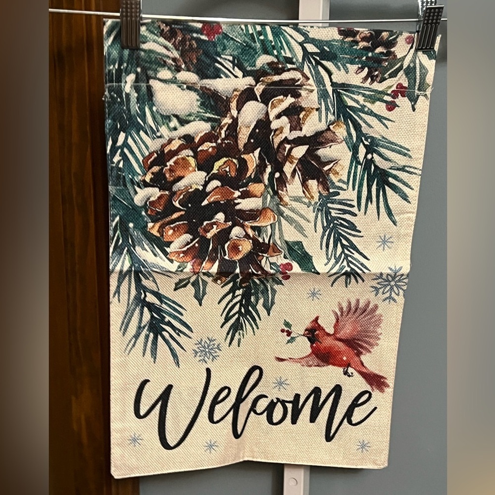 Welcome Holiday Double Sided Flag Pinecone and Cardinal 12 x 18 3/4
